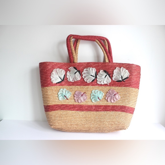 Vintage Straw Market Bag or Tote with Handles, Woven Sisal Bucket Purse, Retro - Picture 3 of 9